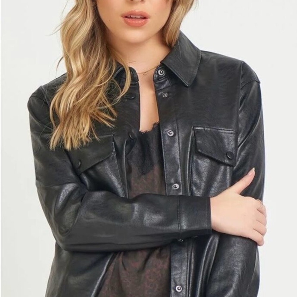 Dex Faux Black Leather Shirt/Shacket